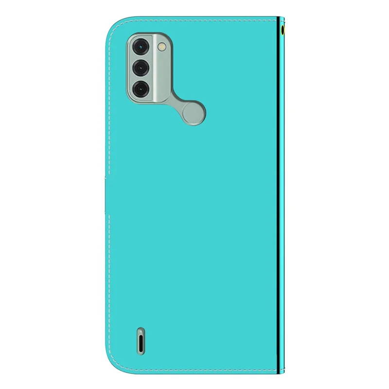 For Nokia C31 4G Leather Wallet Stand Cover Mirror-Like Surface Phone Case with Strap - Cyan