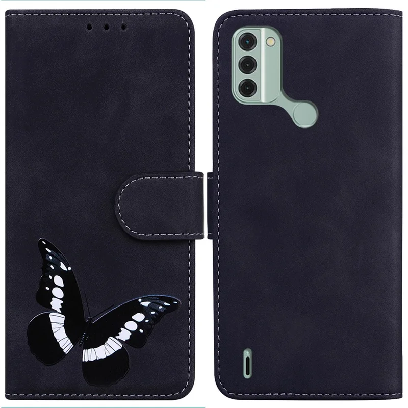 For Nokia C31 4G Skin-touch PU Leather Wallet Cover Butterfly Printing Anti-drop Phone Stand Case - Black