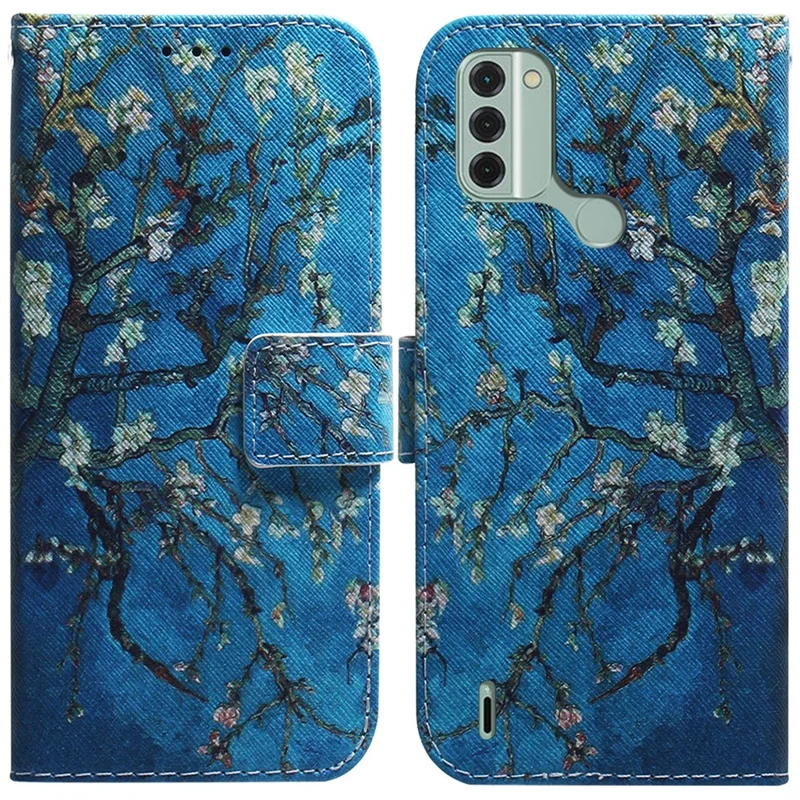 For Nokia C31 4G PU Leather Pattern Printing Phone Case Wallet Stand Anti-Drop Protective Cover - Apricot Flowers