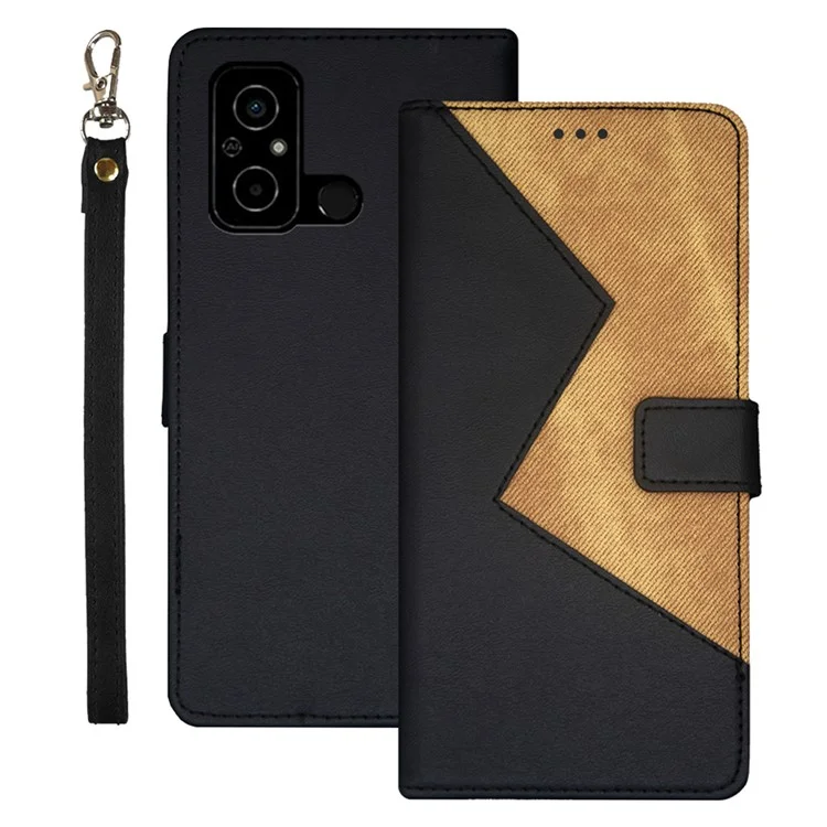 IDEWEI pour Xiaomi Poco C55 4G Étui à rabat en cuir PU avec fentes pour cartes Porte-cartes de couleur Splicing Housse de téléphone - Noir