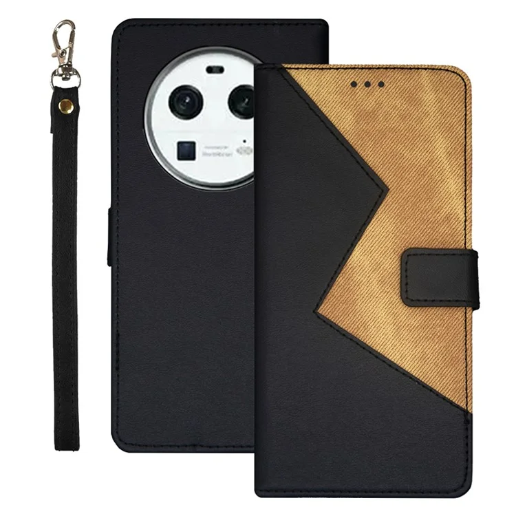 IDEWEI Para Oppo Find X6 Estuche de teléfono con empalme de color, ranuras para tarjetas, cubierta magnética de cuero con correa para la muñeca - Negro