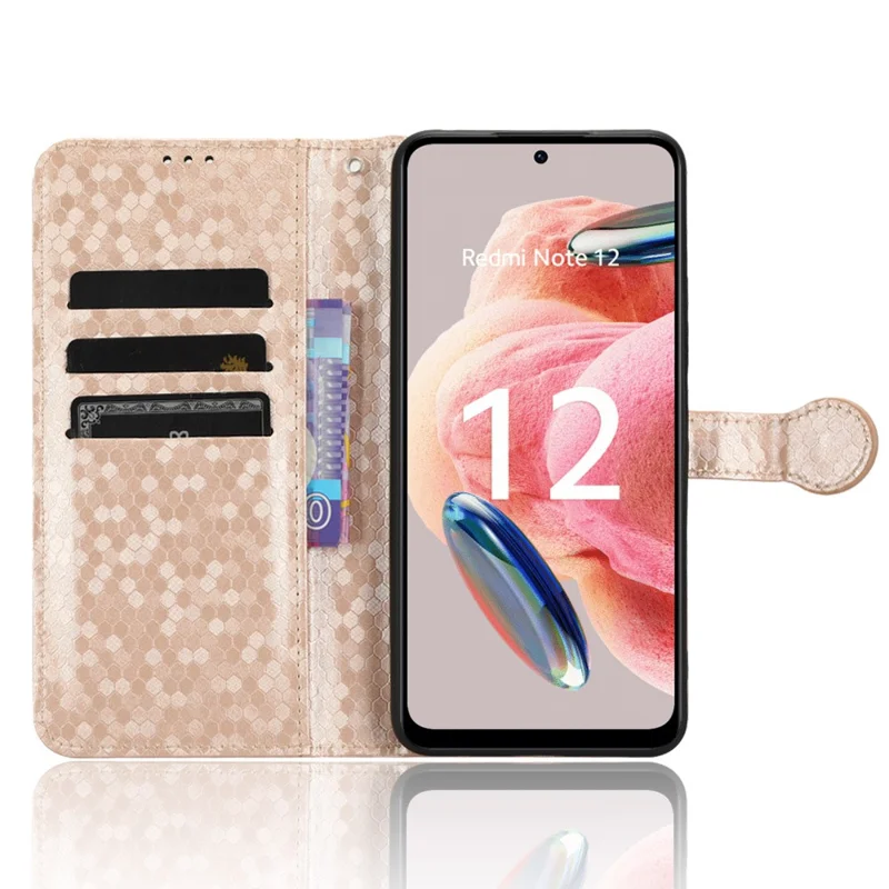 Pour étui de téléphone Xiaomi Redmi Note 12 4G Motif à pois Revêtement en cuir PU avec support portefeuille - Or rose