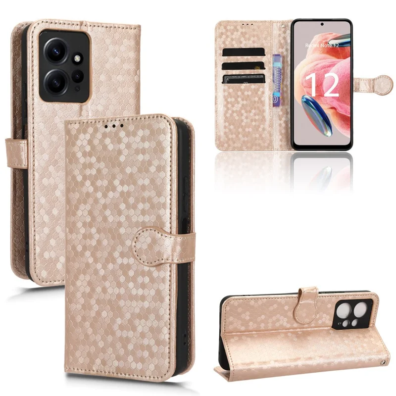 Pour étui de téléphone Xiaomi Redmi Note 12 4G Motif à pois Revêtement en cuir PU avec support portefeuille - Or rose
