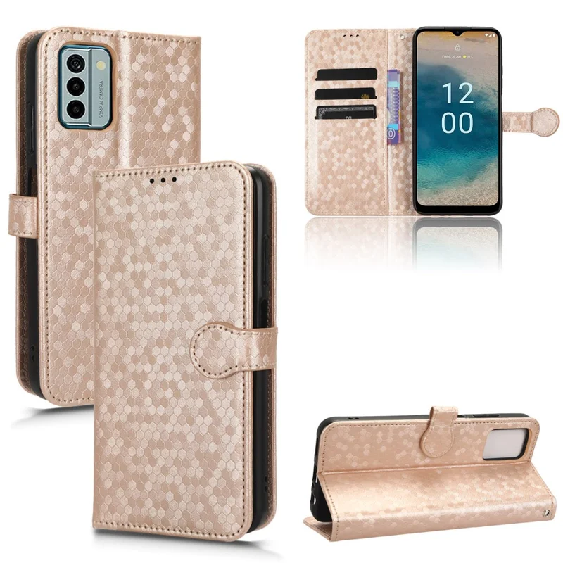 Stand Wallet Phone Case per Nokia G22, Copertina in pelle PU con motivo a puntini - Oro Rosa