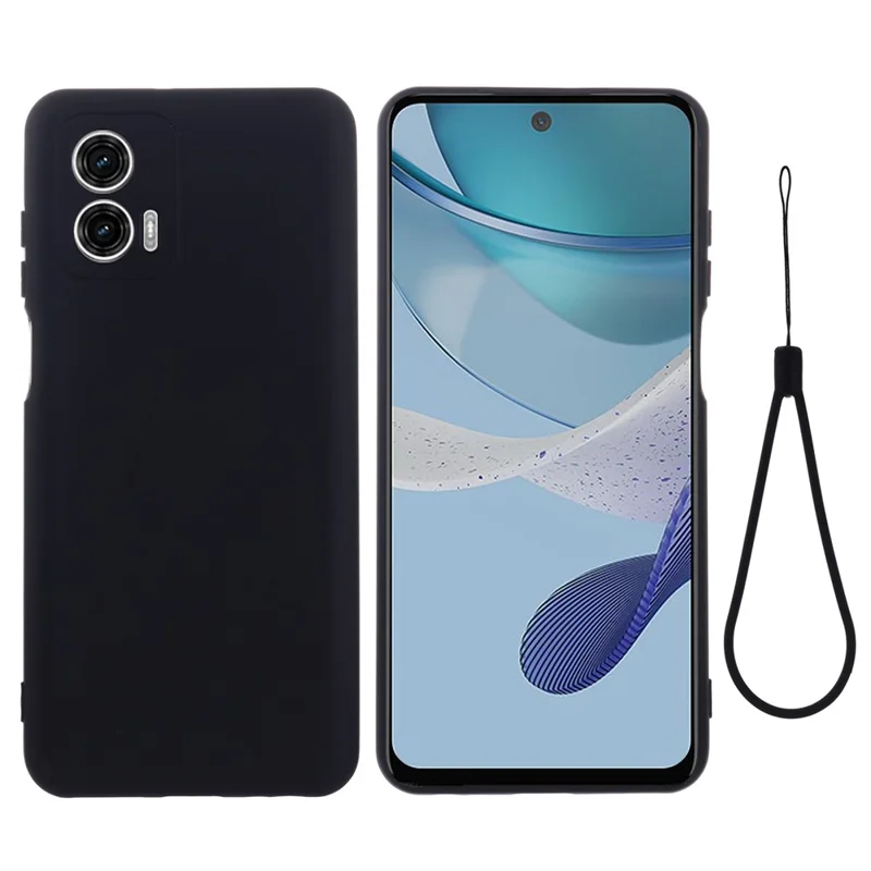 For Motorola Moto G53 5G Liquid Silicone Phone Case Soft Lining Anti-drop Phone Cover with Strap - Black