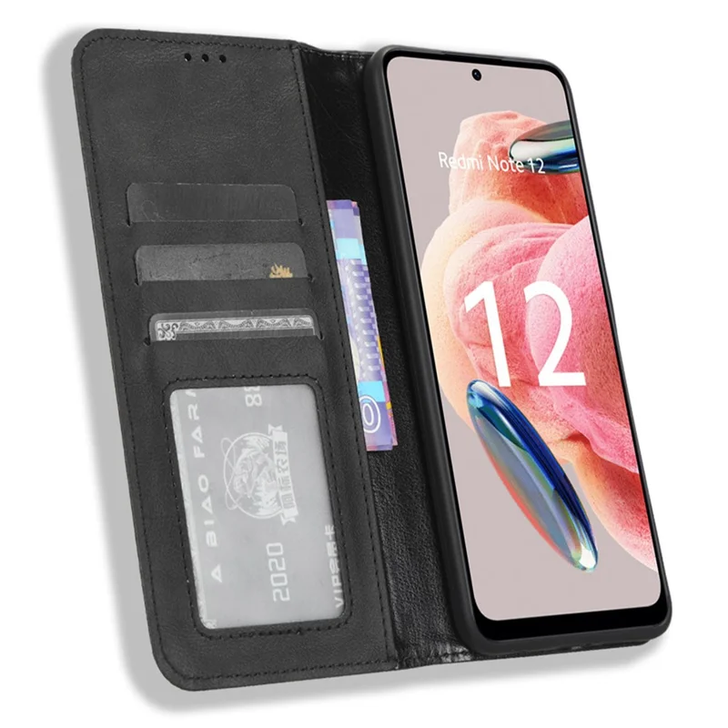 Per Xiaomi Redmi Note 12 4G Portafoglio Stand Phone Case Retro Custodia in Pelle - Nero
