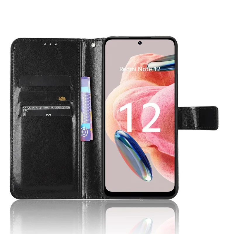 For Xiaomi Redmi Note 12 4G Wallet Stand PU Leather Case Crazy Horse Texture Cell Phone Cover - Black