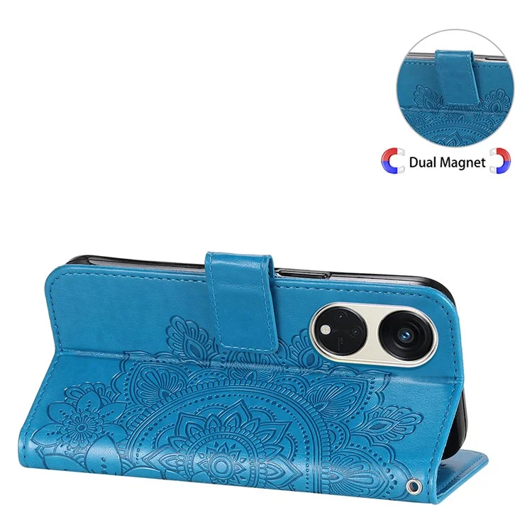 Para Oppo Reno8 T 5G / A1 Pro 5G Suporte de capa de telefone de couro PU com estampa de flor - Azul