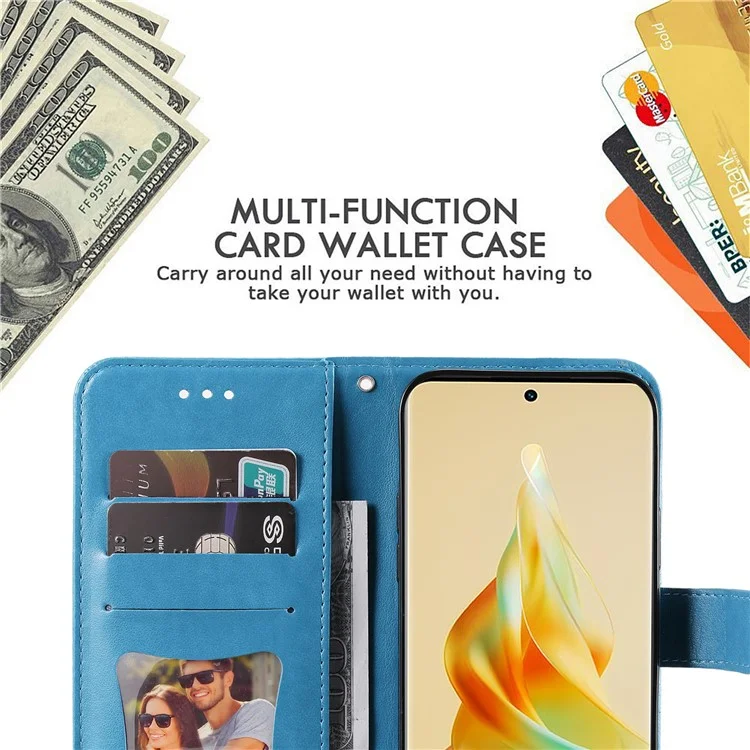 Para Oppo Reno8 T 5G / A1 Pro 5G Suporte de capa de telefone de couro PU com estampa de flor - Azul
