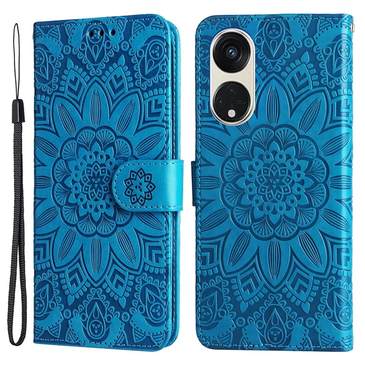 Para Oppo Reno8 T 5G / A1 Pro 5G Leather Phone Case Sunflower Imprinted Wallet Stand Smartphone Cover with Strap - Blue