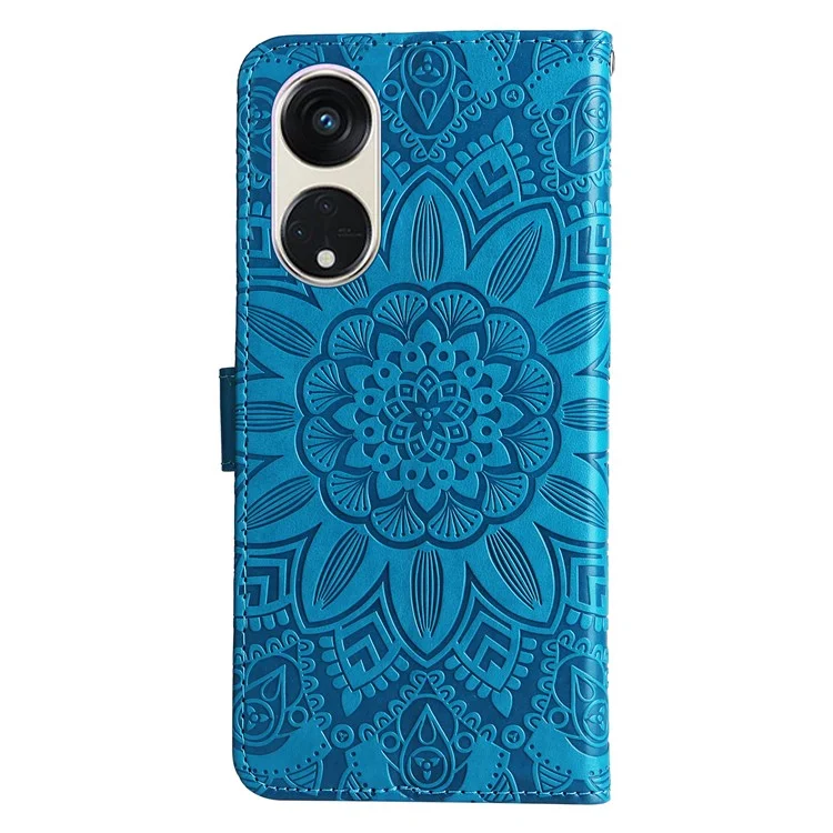 Para Oppo Reno8 T 5G / A1 Pro 5G Leather Phone Case Sunflower Imprinted Wallet Stand Smartphone Cover with Strap - Blue