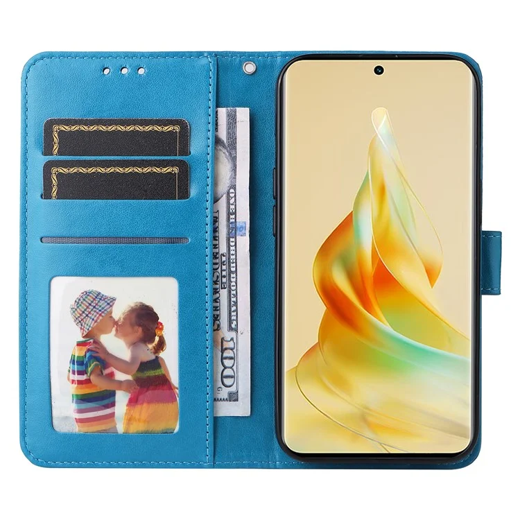 Para Oppo Reno8 T 5G / A1 Pro 5G Leather Phone Case Sunflower Imprinted Wallet Stand Smartphone Cover with Strap - Blue
