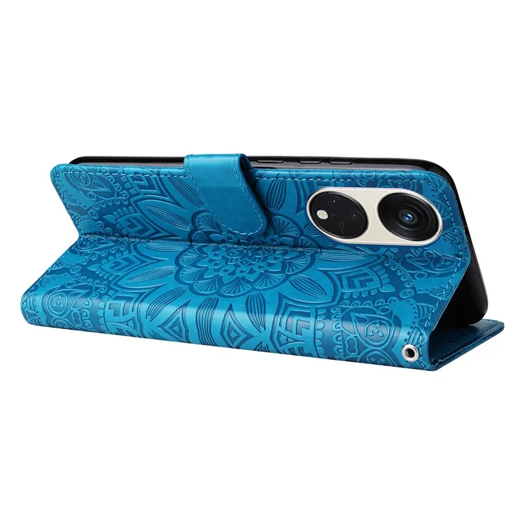 Para Oppo Reno8 T 5G / A1 Pro 5G Leather Phone Case Sunflower Imprinted Wallet Stand Smartphone Cover with Strap - Blue
