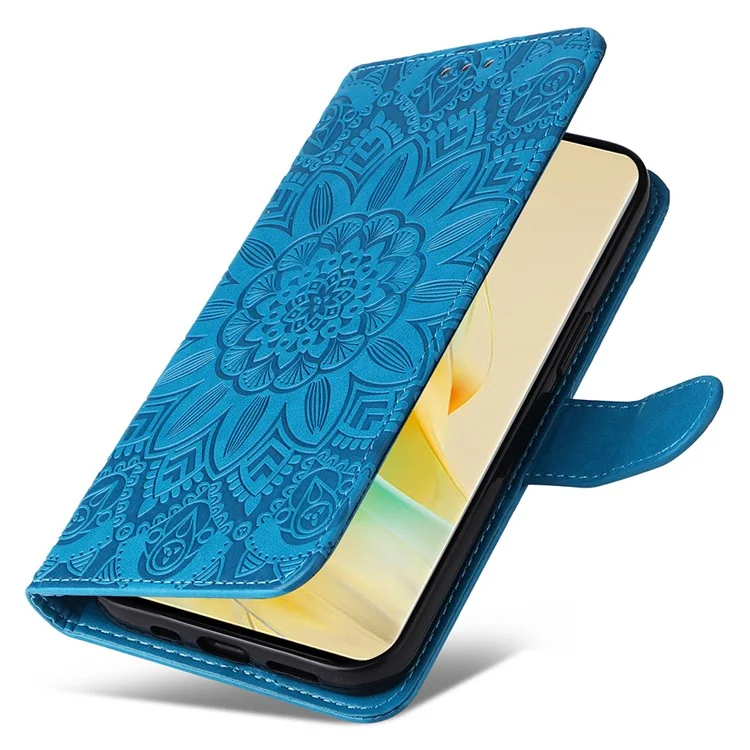 Para Oppo Reno8 T 5G / A1 Pro 5G Leather Phone Case Sunflower Imprinted Wallet Stand Smartphone Cover with Strap - Blue