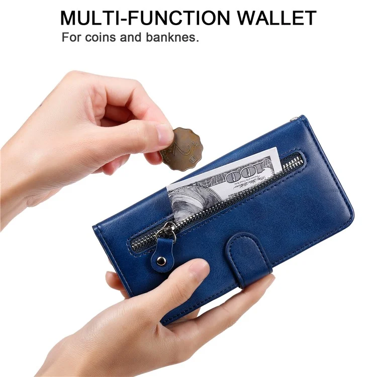 Para Oppo Reno8 T 5G / A1 Pro 5G Zipper Pocket Phone Stand Case Calf Texture Leather Wallet Phone Cover - Azul