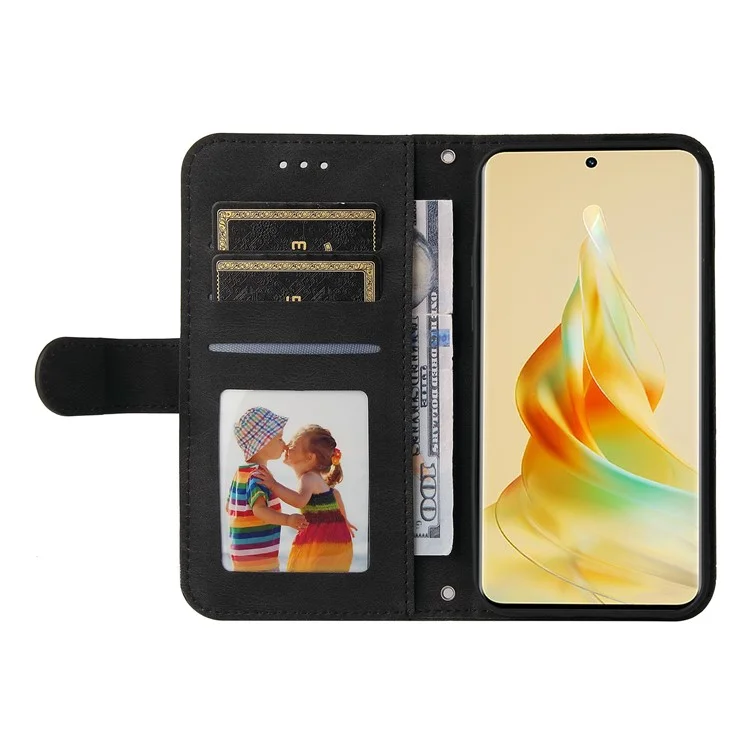 Para Oppo Reno8 T 5G / A1 Pro 5G Funda de Teléfono de Piel Grabada con Líneas Tacto Piel Billetera Soporte Cubierta del Teléfono - Negro