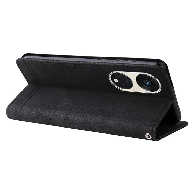 Para Oppo Reno8 T 5G / A1 Pro 5G Funda de Teléfono de Piel Grabada con Líneas Tacto Piel Billetera Soporte Cubierta del Teléfono - Negro