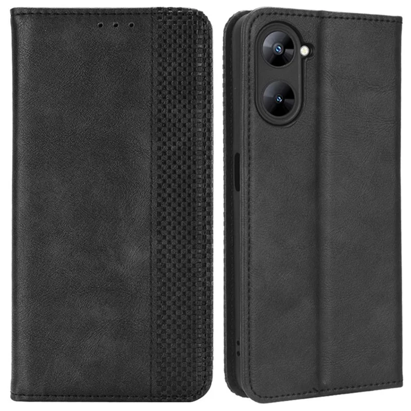 For Realme V30 5G / V30t PU Leather Wallet Phone Case Retro Mobile Phone Stand Cover - Black