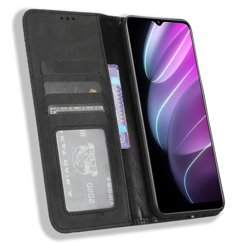 For Realme V30 5G / V30t PU Leather Wallet Phone Case Retro Mobile Phone Stand Cover - Black