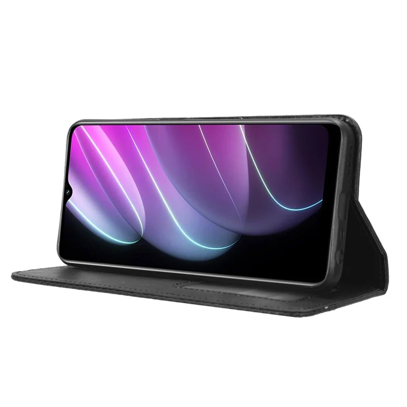 For Realme V30 5G / V30t PU Leather Wallet Phone Case Retro Mobile Phone Stand Cover - Black