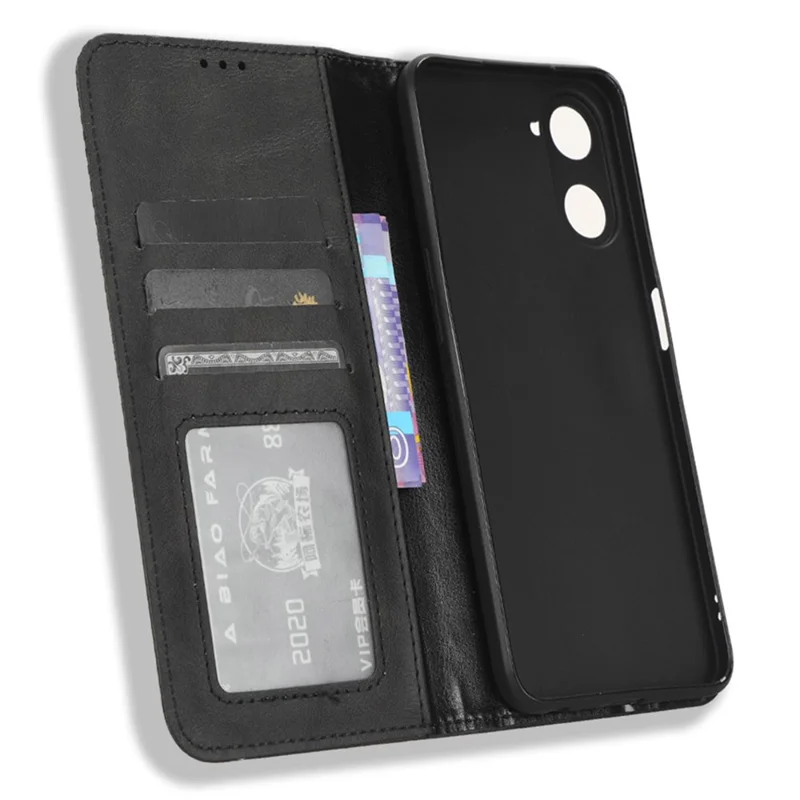 For Realme V30 5G / V30t PU Leather Wallet Phone Case Retro Mobile Phone Stand Cover - Black