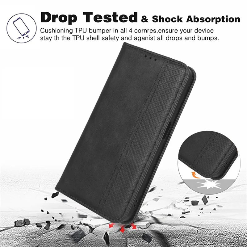 For Realme V30 5G / V30t PU Leather Wallet Phone Case Retro Mobile Phone Stand Cover - Black
