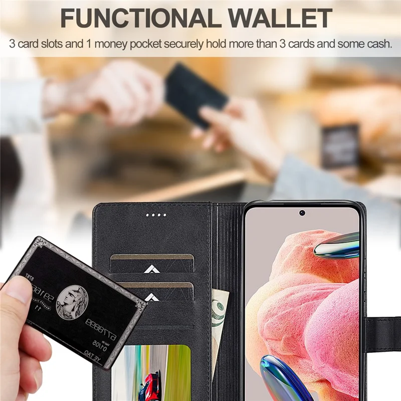 LC.IMEEKE Pour Xiaomi Redmi Note 12 4G Étui de téléphone à rabat Calf Texture PU Leather Stand Phone Cover - Noir