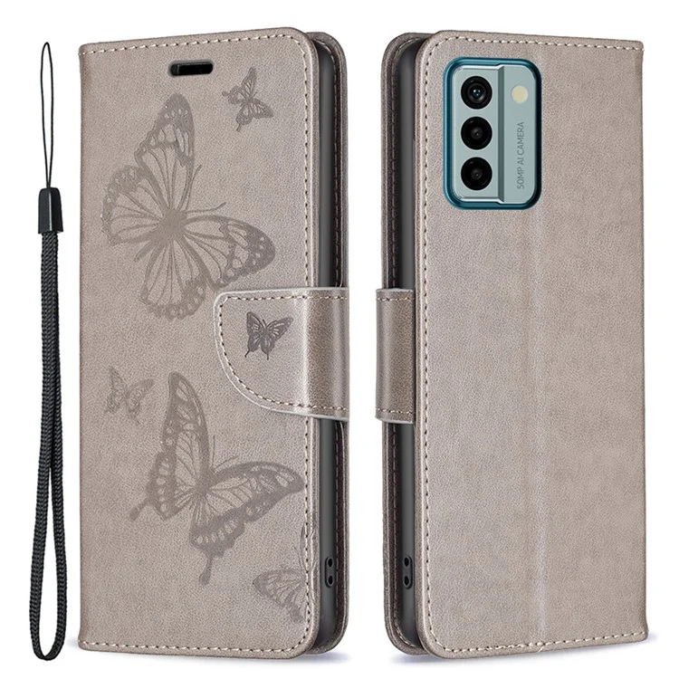 For Nokia G22 Butterfly Imprinted Wallet Stand Phone Leather Case Phone Cover with Strap - Grey