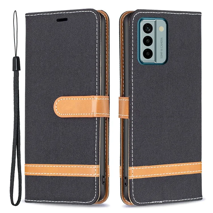 Per Nokia G22 Jeans Cloth Splicing PU Leather Phone Cover Phone Case con Stand Wallet - Nero