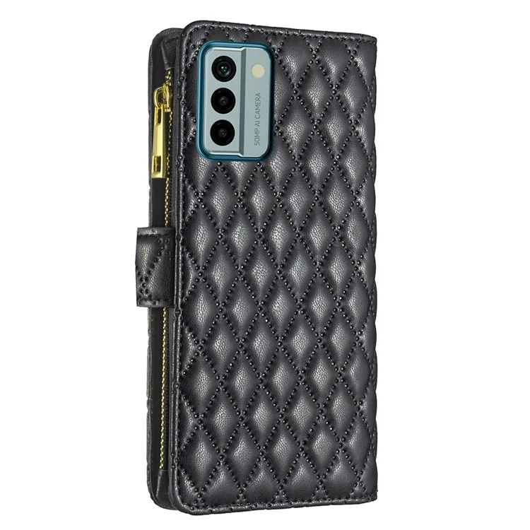 BINFEN COLOR BF Style-15 für Nokia G22 Reißverschlusstasche Ledertasche Handyhülle stoßfest Ständer Cover - Schwarz