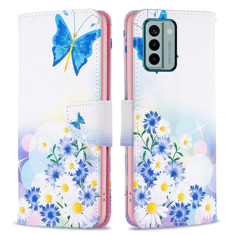 For Nokia G22 Pattern Printing Phone Case Anti-drop PU Leather Wallet Stand Cover - Butterfly and Flowers
