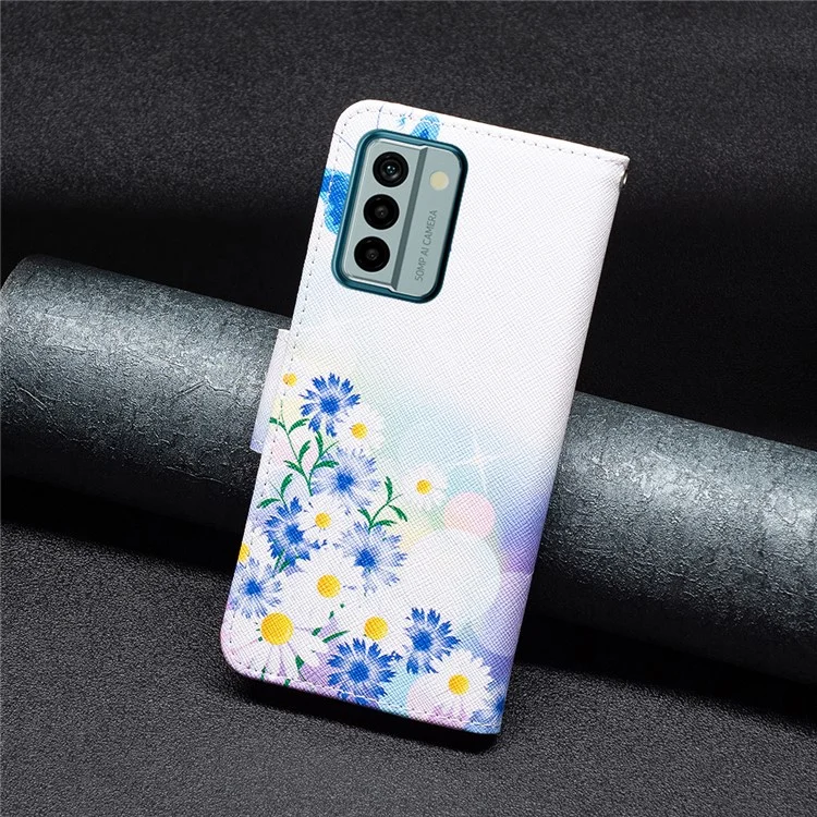 For Nokia G22 Pattern Printing Phone Case Anti-drop PU Leather Wallet Stand Cover - Butterfly and Flowers
