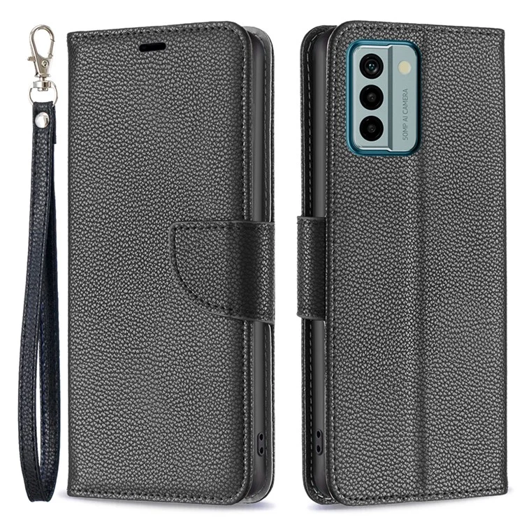 Pour Nokia G22 Solid Color PU Leather Wallet Cover Litchi Texture Flip Stand Phone Case with Strap - Noir