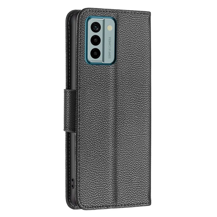 Pour Nokia G22 Solid Color PU Leather Wallet Cover Litchi Texture Flip Stand Phone Case with Strap - Noir