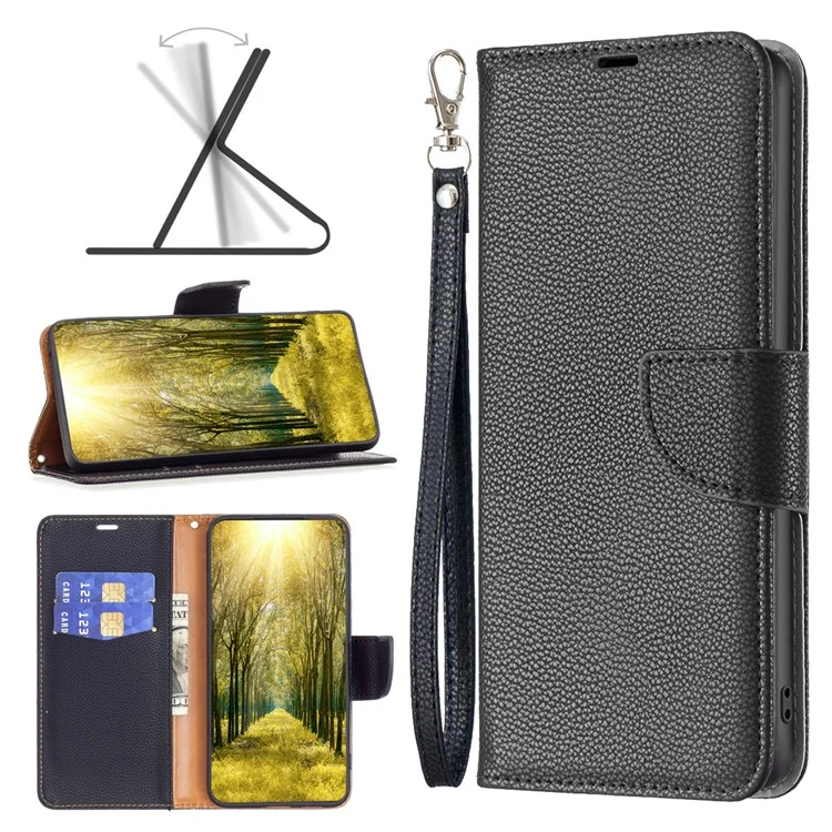 Pour Nokia G22 Solid Color PU Leather Wallet Cover Litchi Texture Flip Stand Phone Case with Strap - Noir