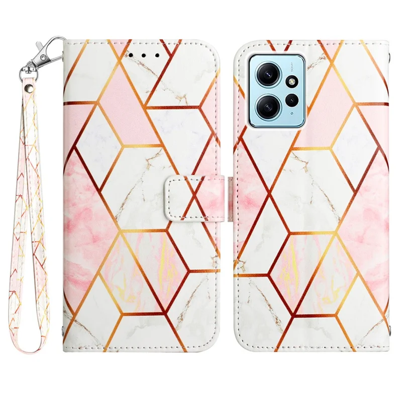 For Xiaomi Redmi Note 12 4G Case with Strap Marble Pattern Leather Phone Cover Card Holder - Pink / White 002