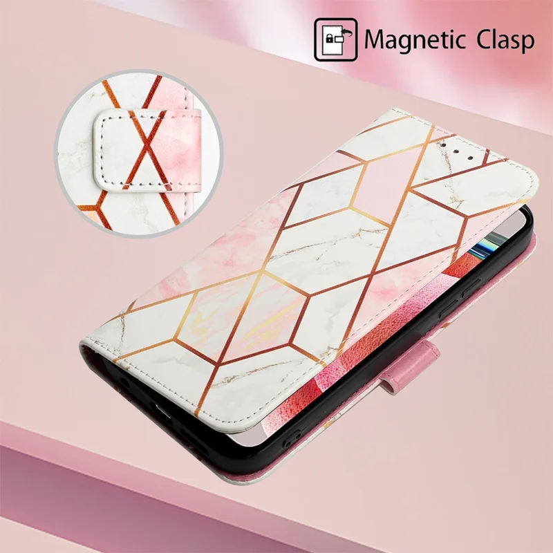 For Xiaomi Redmi Note 12 4G Case with Strap Marble Pattern Leather Phone Cover Card Holder - Pink / White 002