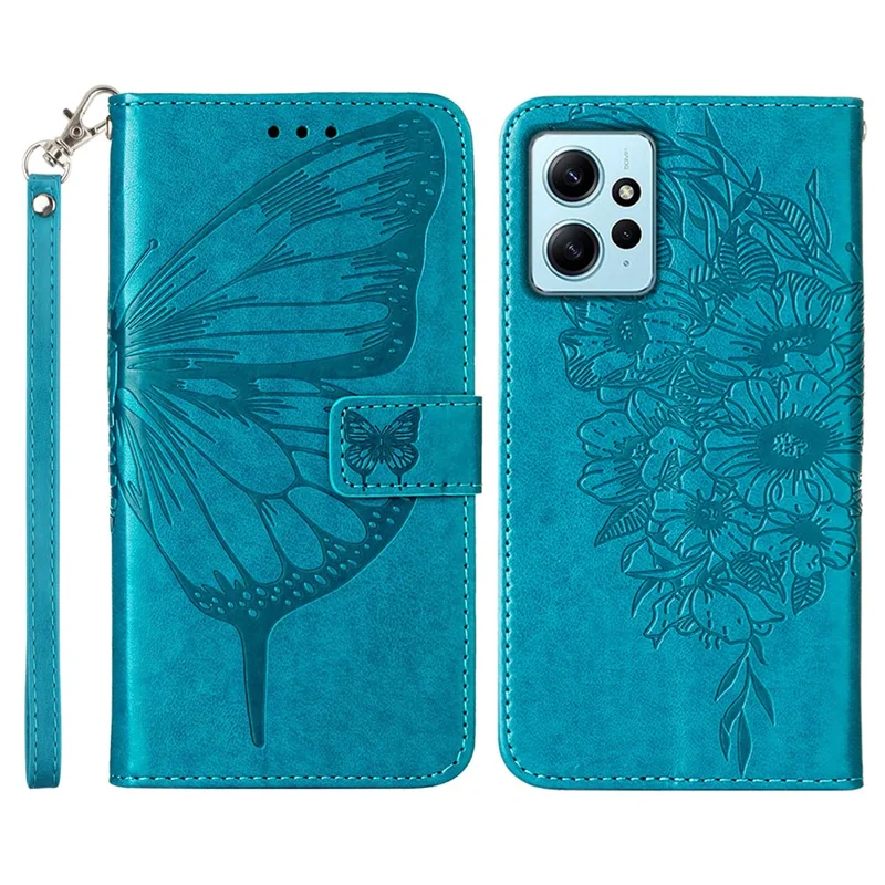For Xiaomi Redmi Note 12 4G Wallet Case with Wrist Strap Butterfly Imprint Leather Phone Cover - Blue