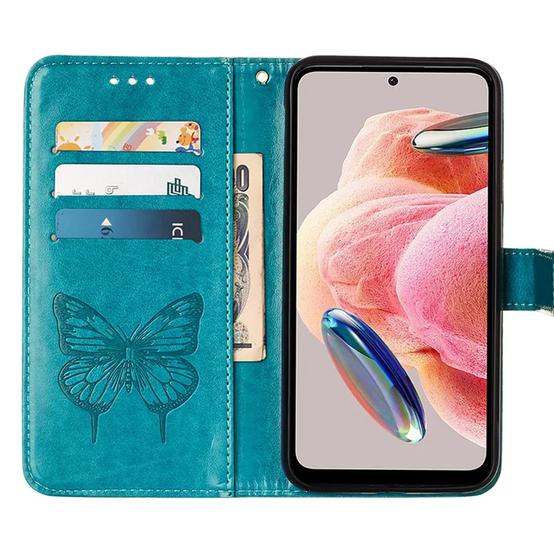 For Xiaomi Redmi Note 12 4G Wallet Case with Wrist Strap Butterfly Imprint Leather Phone Cover - Blue