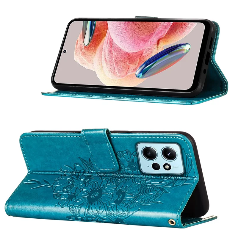 For Xiaomi Redmi Note 12 4G Wallet Case with Wrist Strap Butterfly Imprint Leather Phone Cover - Blue