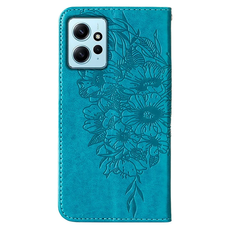 For Xiaomi Redmi Note 12 4G Wallet Case with Wrist Strap Butterfly Imprint Leather Phone Cover - Blue
