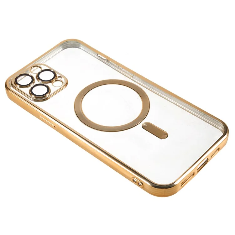 For iPhone 12 Pro Max 6.7 inch Clear TPU Phone Case Precise Cutouts Magnetic Cover with Lens Protector - Gold