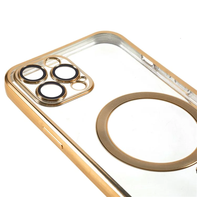For iPhone 12 Pro Max 6.7 inch Clear TPU Phone Case Precise Cutouts Magnetic Cover with Lens Protector - Gold