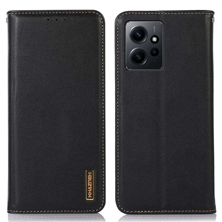 KHAZNEH для Xiaomi Redmi Note 12 4G Чехол для телефона RFID Blocking Stand Wallet Genuine Cowhide Leather Cover - Black