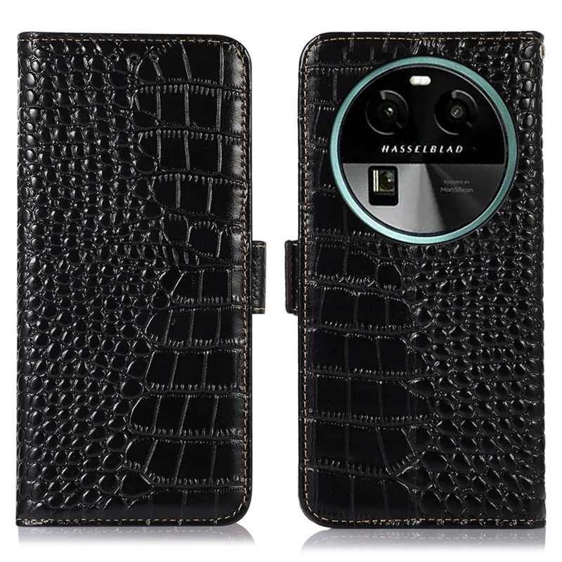 Pour Oppo Find X6 RFID Blocking Stand Wallet Crocodile Texture Genuine Cowhide Leather Phone Cover - Noir