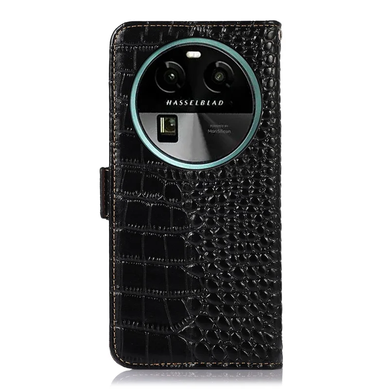 Pour Oppo Find X6 RFID Blocking Stand Wallet Crocodile Texture Genuine Cowhide Leather Phone Cover - Noir