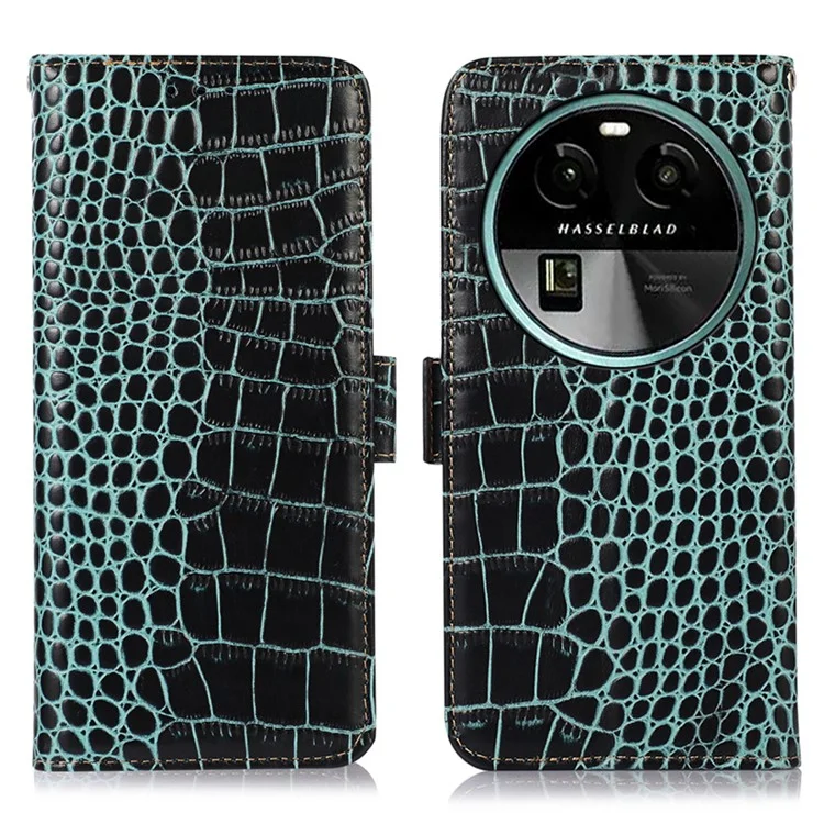 Для Oppo Find X6 RFID Blocking Stand Wallet Crocodile Texture Genuine Cowhide Leather Phone Cover - Green