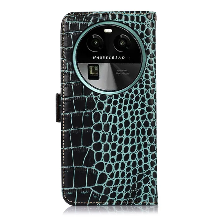 Для Oppo Find X6 RFID Blocking Stand Wallet Crocodile Texture Genuine Cowhide Leather Phone Cover - Green