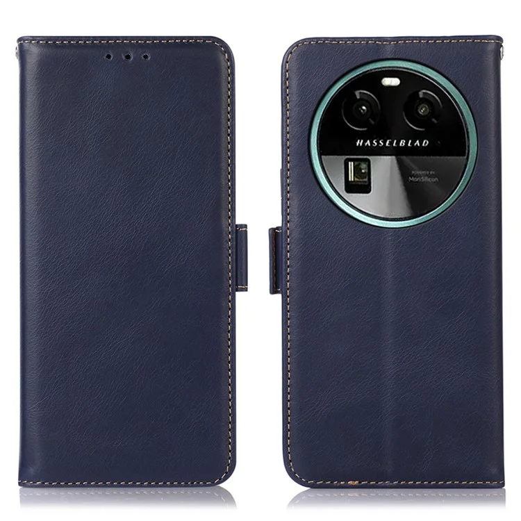 Pour Oppo Find X6 RFID Blocking Phone Wallet Stand Case Genuine Cowhide Leather Cover - Bleu