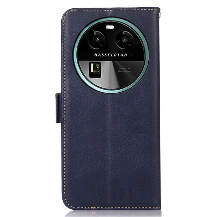 Pour Oppo Find X6 RFID Blocking Phone Wallet Stand Case Genuine Cowhide Leather Cover - Bleu